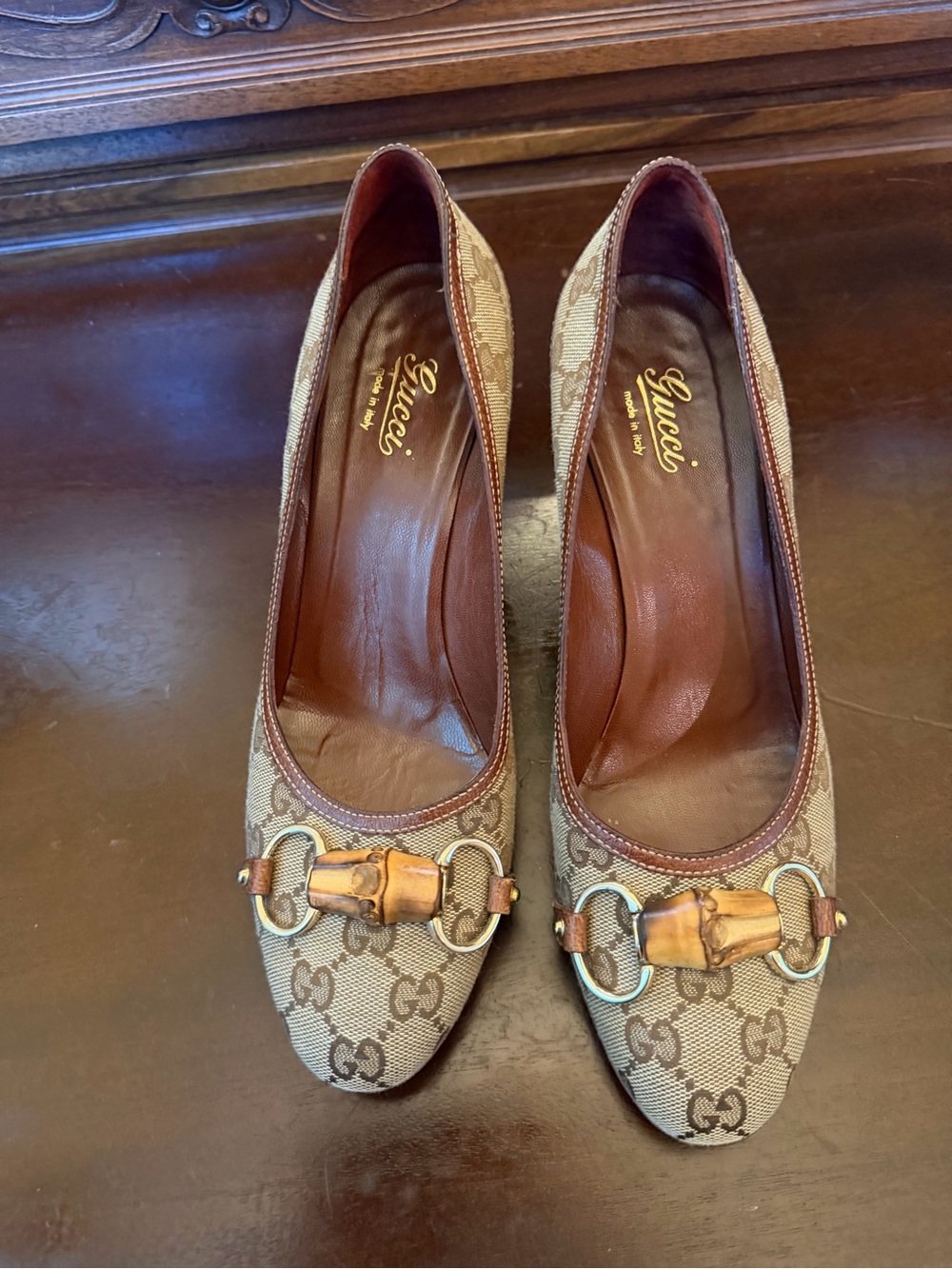 Gucci Brown GG Monogram Canvas Bamboo Horsebit Vintage Pumps